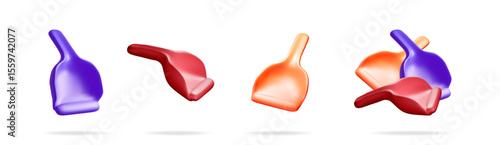 Abstract purple, red, and orange dustpan or scoop floating across a white background. Set of glossy house cleaning tool.
