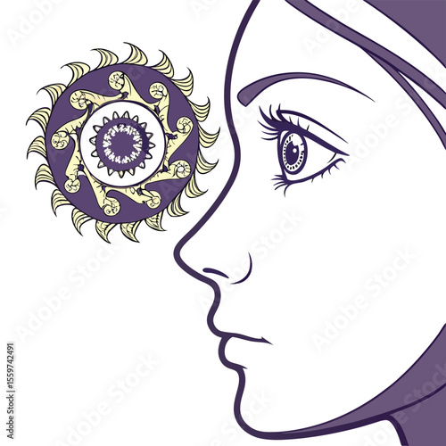 Woman in profile with decorative mandala design element near her head in a stylized illustration