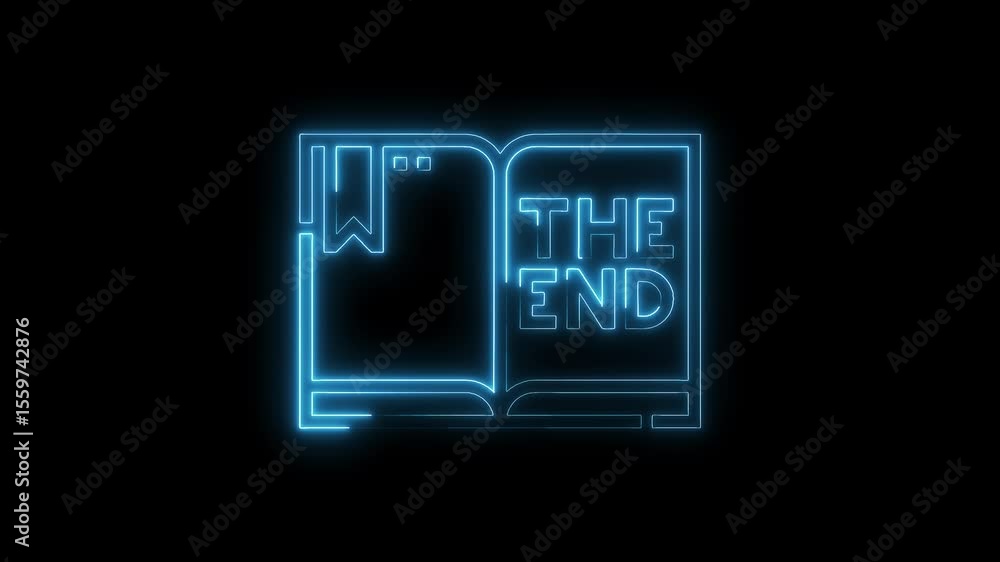 Neon open book animated icon revealing the words the end on black background Neon open book animated icon revealing the words the end on black background