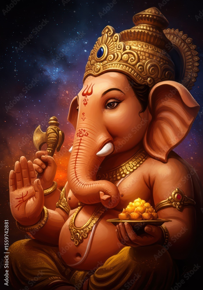 Fototapeta premium Cultural Ganesh Chaturthi Banner - Ganesha Sitting on Throne with Trunk in Varada Mudra