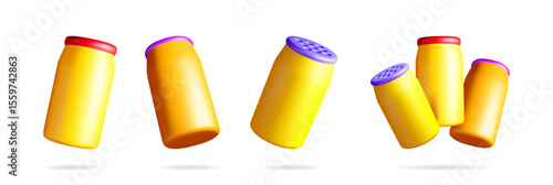 3D set of detergent powder bottle isolated on white. Render collection of home cleaning product container in powder icon.