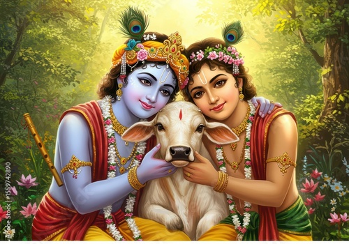 Lord Krishna and Balarama Affectionately Petting Calf Spiritual Art

