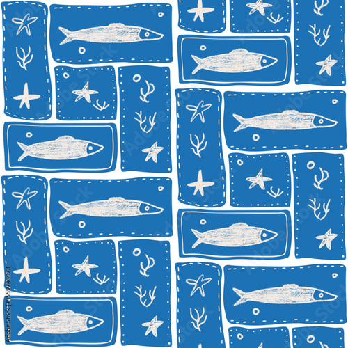 Crayon fish seamless pattern. Sardines hand drawn bento grid endless background. Nautical repeat cover. Sea patchwork continuous ornament. Surface pattern design seaweeds motif. Vector illustration.