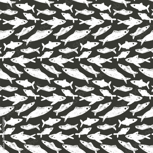 Crayon fish school monochrome seamless pattern. Sardines hand drawn black and white endless background. Nautical repeat cover. Surface pattern design water motif. Vector illustration.