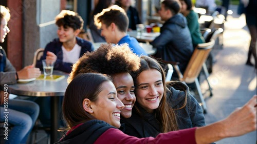 Group of smiling teenagers taking a selfie at an outdoor café on a sunny day, friends enjoying time together in a vibrant urban setting – Generative AI