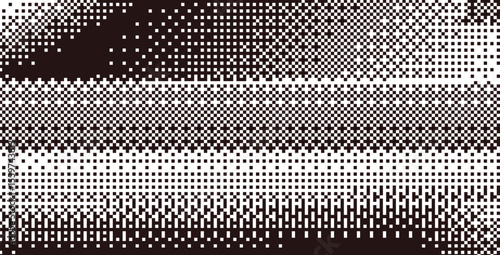 Pixel art halftone glitch background. 8 bit pattern bitmap dither effect. Black and white graphic gradient in retro 90s style. Monochrome gradation. Vector retro random mosaic illustration.