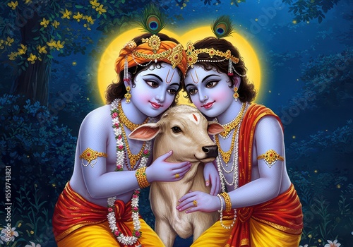 Divine Brothers Krishna and Balarama with Adorable Calf Hindu Art

