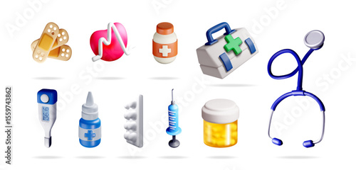 A set of 3d medical equipment icons including a stethoscope, medicine, syringe, and first aid kit for health.