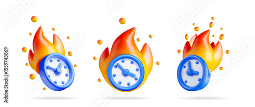 Three blue 3d alarm clock icon set with orange flames, fiery time urgency concept for business deadline.