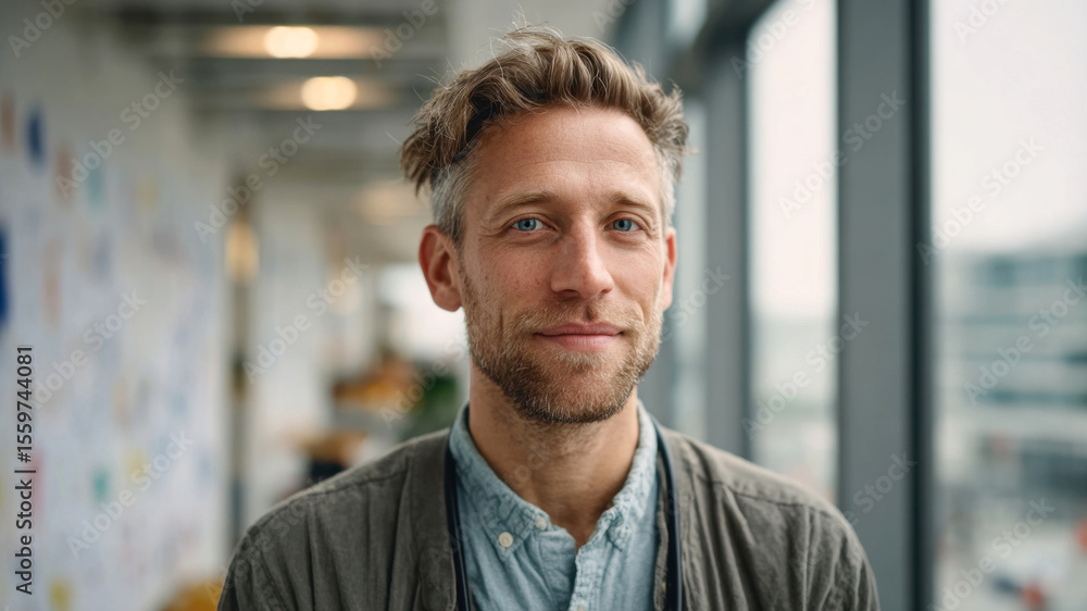 Obraz premium Caucasian male startup manager smiles casually in a bright modern office environment