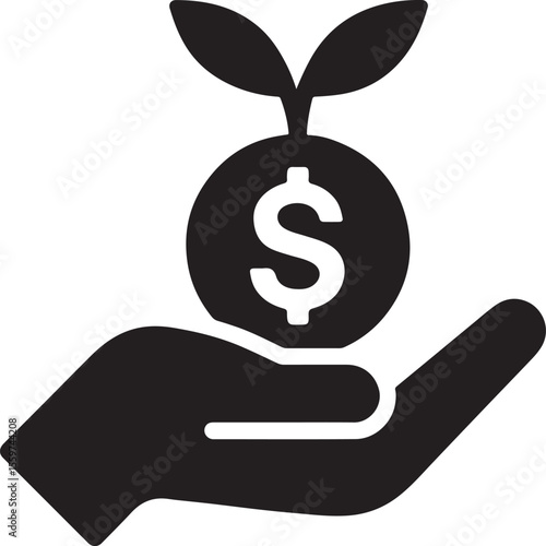 Silhouette icon of a coin sprouting from a hand, symbolizing financial growth and retirement savings plan benefits.