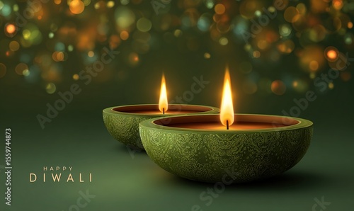 Green happy diwali with lighting diya lamp. Festival of lights. High quality