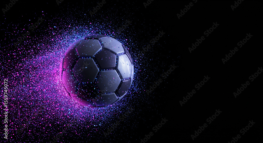 Fototapeta premium A soccer ball surrounded by purple and blue glitter against a black background in a studio shot
