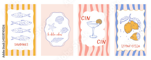 Set of abstract food posters. Mediterranean cuisine. Hand drawn lemons, lobster, tomato, wine, shrimp. Italian summer vibe, Amalfi, dolce vita style. Trendy design for cards, print, kitchen, branding.