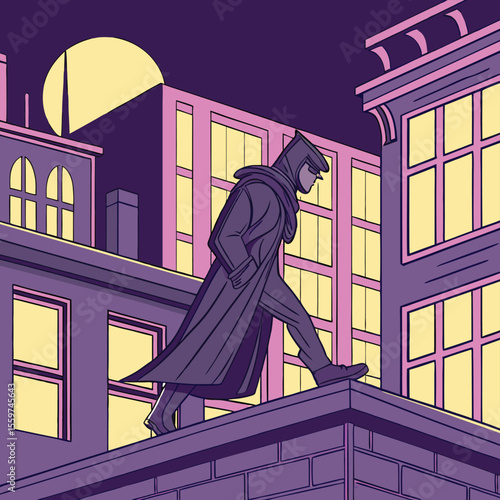 A cloaked figure walking on a rooftop at night with buildings and a moon in the background of city scene