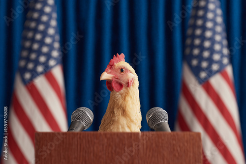 Anthropomorphic chicken at political podium with American flags and microphones – satirical, absurd parody of presidential speech, symbolizing cowardice and political commentary.