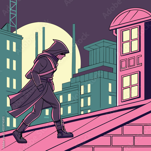 Rooftop vigilante in a hooded cloak walking across a pink brick rooftop with city buildings behind him