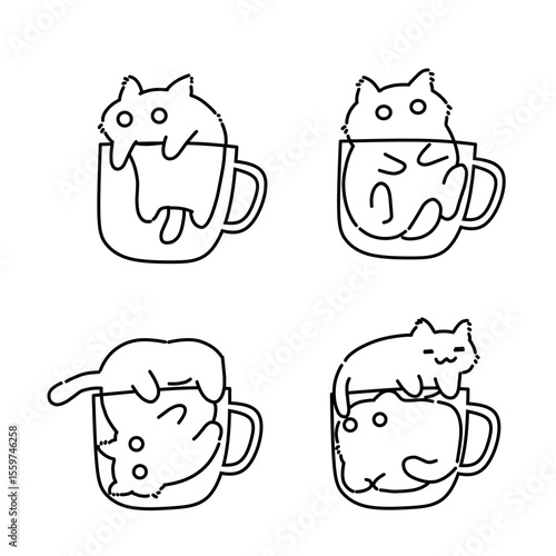 Cute cat coffee Illustration set line art outline 