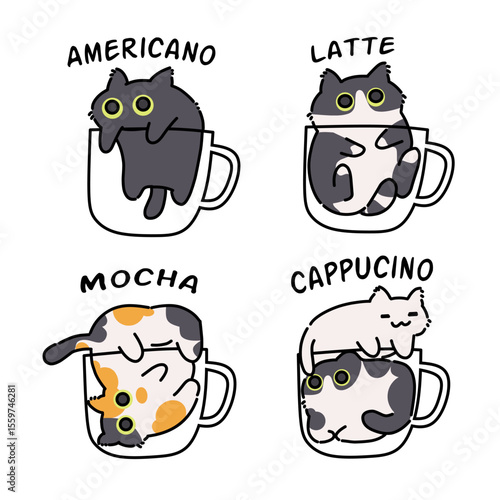 Cute coffee cat cartoon set illustration 