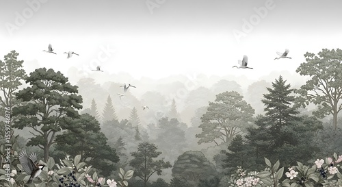 Buy forest landscape wallpaper mural with birds and trees for living room and bedroom decoration 94