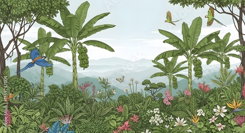 Illustration of tropical rainforest landscape with banana trees parrots and exotic flowers art print