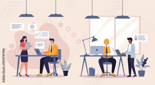 two office scenes with individuals engaged in work. Suitable for landing page, banner, marketing, web design, presentation, infographic, etc.