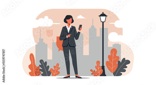 A stylish businesswoman checks her smartphone while standing outdoors in a city park, with skyscrapers in the background, showcasing modern urban life and mobile technology.