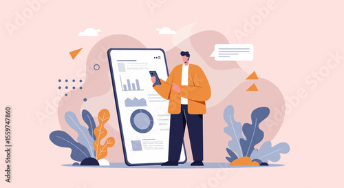a man standing next to a phone with a graph on it
