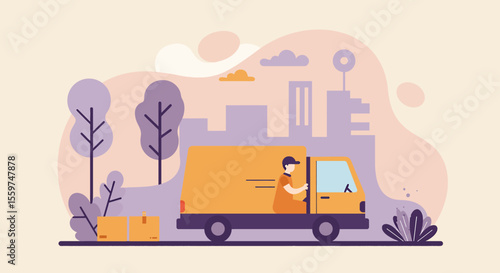 A delivery driver in a yellow van is on the road, transporting packages through a city, delivering goods and providing a fast and reliable shipping service.