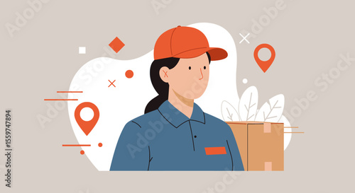 A young delivery woman in a blue uniform and red cap carries a package, signifying reliable and fast delivery service, with location markers illustrating the concept of shipping and transportation.