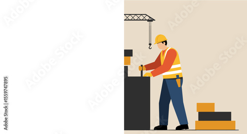 A construction worker in a yellow safety vest operates a machine, carefully placing building materials in a construction site, with a crane overhead.