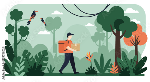 A delivery person walks through a lush green forest carrying a package, delivering goods to a remote area, surrounded by vibrant tropical plants and birds.