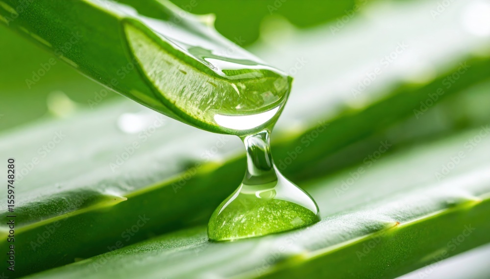 Fototapeta premium Close-up of Aloe Vera leaf with gel droplet, showcasing natural beauty in a vibrant green setting
