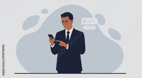 a man in a suit looking at his smartphone, with two chat bubbles above him, against a light blue background. Suitable for landing page, banner, marketing, web design, presentation, infographic, etc.