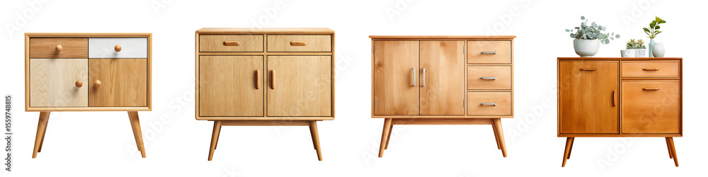 Four Light Wood Sideboards and Cabinets on Angled Legs Isolated on White for Home Storage Furniture with Varying Door and Drawer Configurations Four Light Wood Sideboards and Cabinets on Angled Legs Isolated on White for Home Storage Furniture with Varying Door and Drawer Configurations