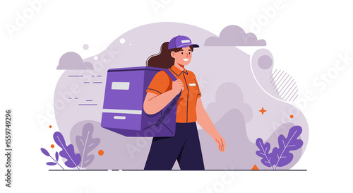 A smiling delivery woman in an orange shirt and purple cap confidently carries a large package on her back, showcasing reliable and efficient delivery service against a minimalist background.
