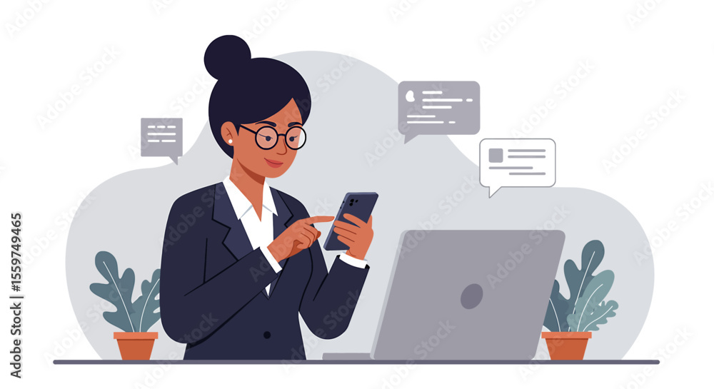 a woman in a suit sitting at a desk with a laptop and a cell a woman in a suit sitting at a desk with a laptop and a cell