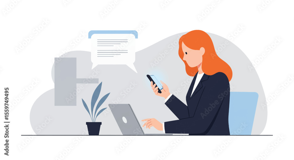 a woman sitting at a desk with a laptop and a phone a woman sitting at a desk with a laptop and a phone