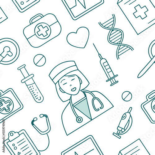 Seamless medical pattern nurse healthcare icons line art design