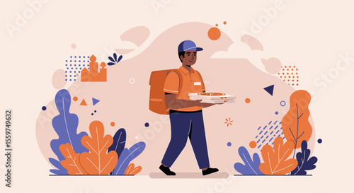Friendly delivery man in uniform carries food order in thermal bag while walking, delivering hot meals to customers, fast and reliable service concept illustration.