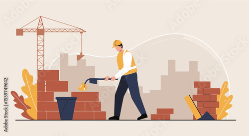 a construction worker actively engaged in bricklaying, with a crane visible in the background. Suitable for landing page, banner, marketing, web design, presentation, infographic, etc.
