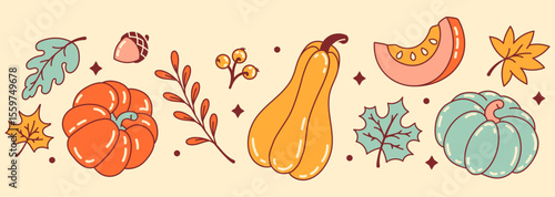 Playful autumn clip art set featuring pumpkins, gourds, leaves, and acorns, perfect for festive fall designs