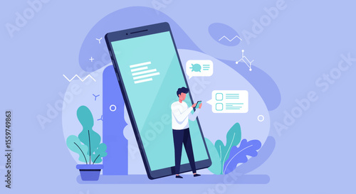 a man standing beside a large smartphone, which is displaying a chat bubble with a message and two checkboxes. Suitable for landing page, banner, marketing, web design, presentation, infographic, etc.