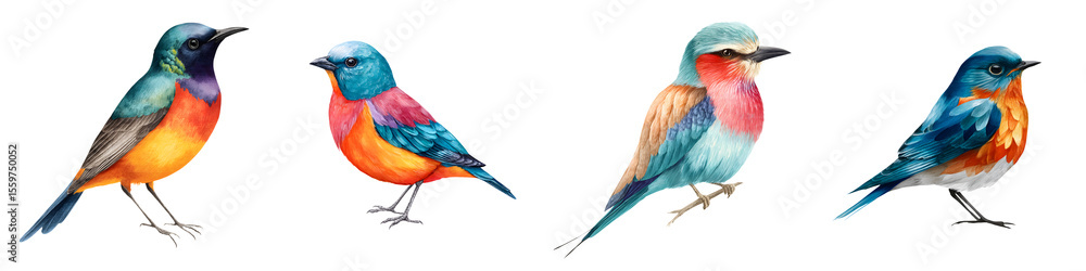 Obraz premium Watercolor Exotic Bird Collection - Vibrant Tropical Birds on White