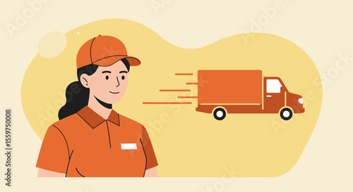 A friendly delivery woman in an orange uniform smiles confidently as a fast moving delivery truck speeds to its destination, promising speedy and reliable service.