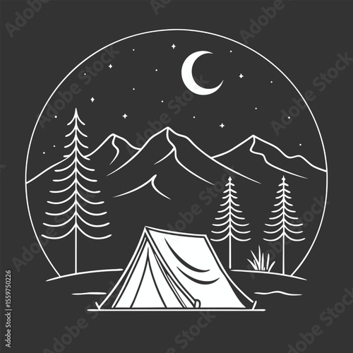 Serene Mountain Camping Scene Under a Starry Night Sky with a Crescent Moon