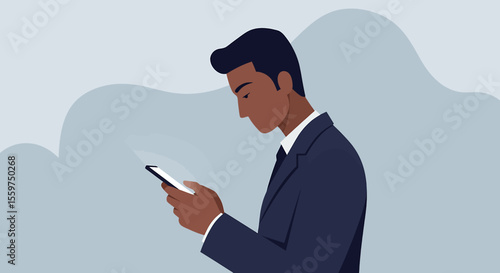 a man dressed in a suit, engrossed in his smartphone, with a cloud-like shape in the background. Suitable for landing page, banner, marketing, web design, presentation, infographic, etc.