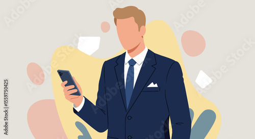 A  man in a suit is holding a smartphone, with abstract shapes in the background. Suitable for landing page, banner, marketing, web design, presentation, infographic, etc.
