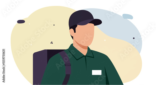 a man wearing a green shirt and a cap, standing against a light background with scattered dots. Suitable for landing page, banner, marketing, web design, presentation, infographic, etc.