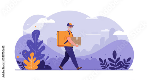 Happy senior delivery man with thermal backpack carries cardboard box walking in nature, delivering goods to customers, freelance courier service, retirement lifestyle, active elderly, healthy aging.